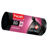 Мешки для мусора 60 л, черные, в рулоне 20 шт., ПНД, 7,4 мкм, 720х600 мм, PACLAN, 600820 в Архангельске