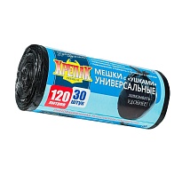 Мешки для мусора 120 л, с ушками, черные, в рулоне 30 шт., ПНД, 15 мкм, 1100х700 мм, Крепак, 4607075710375 в Архангельске